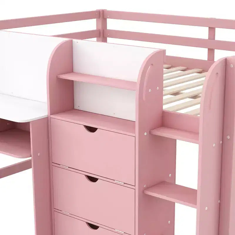 Whisen Full Size Low Loft Bed with Built-in Desk, Storage Cabinets and Open Bookcase