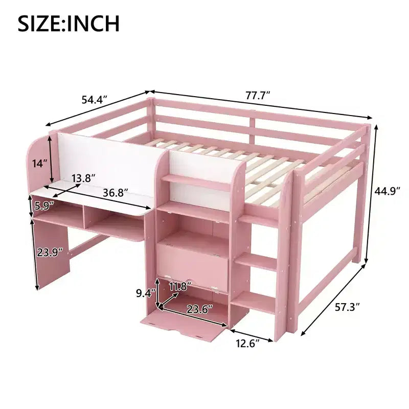 Whisen Full Size Low Loft Bed with Built-in Desk, Storage Cabinets and Open Bookcase