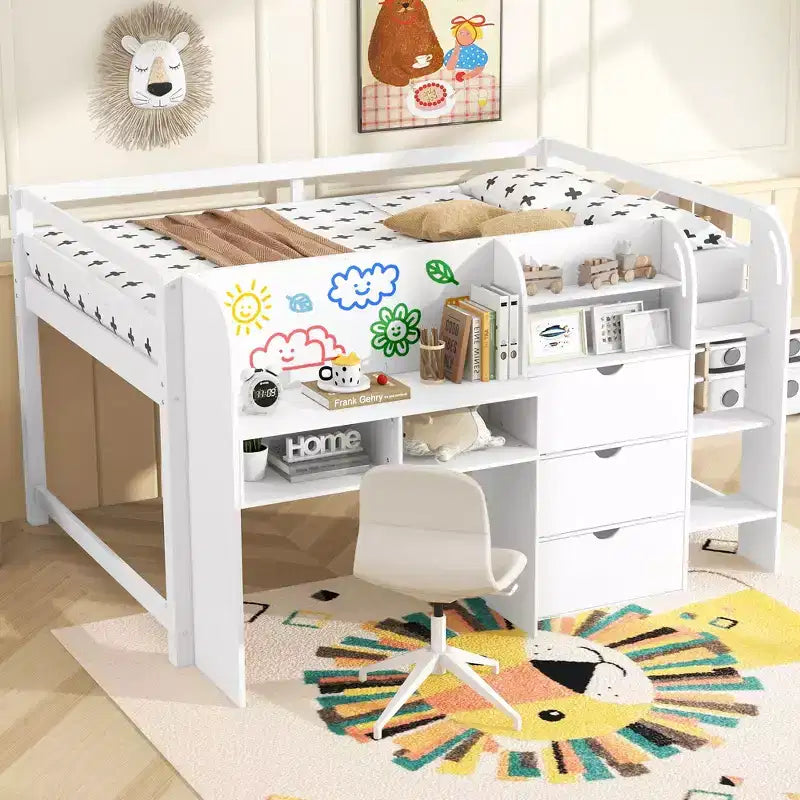 Whisen Full Size Low Loft Bed with Built-in Desk, Storage Cabinets and Open Bookcase
