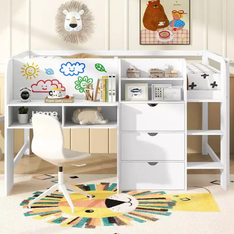 Whisen Full Size Low Loft Bed with Built-in Desk, Storage Cabinets and Open Bookcase