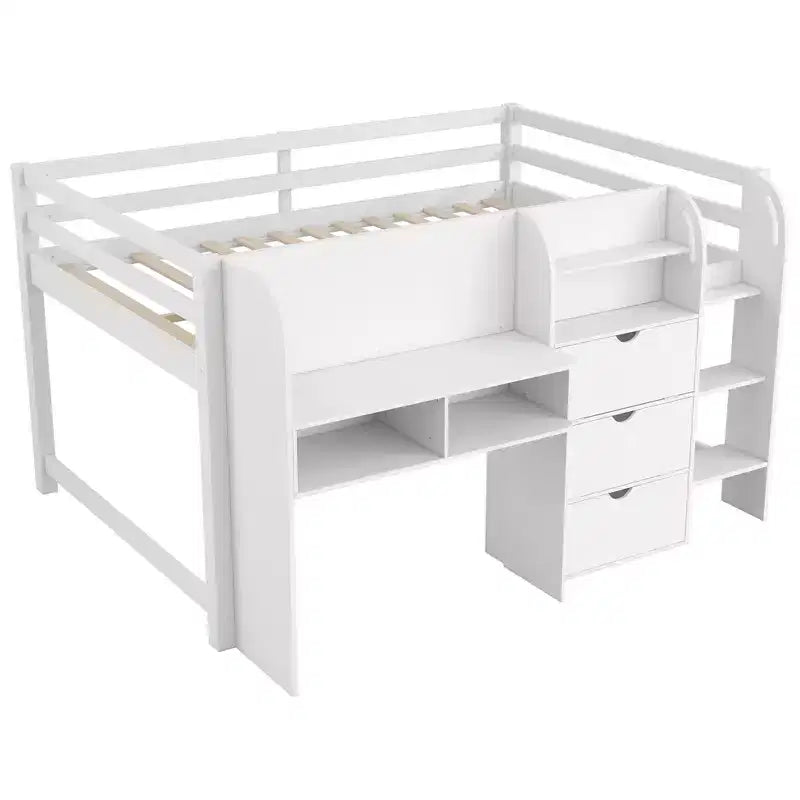 Whisen Full Size Low Loft Bed with Built-in Desk, Storage Cabinets and Open Bookcase