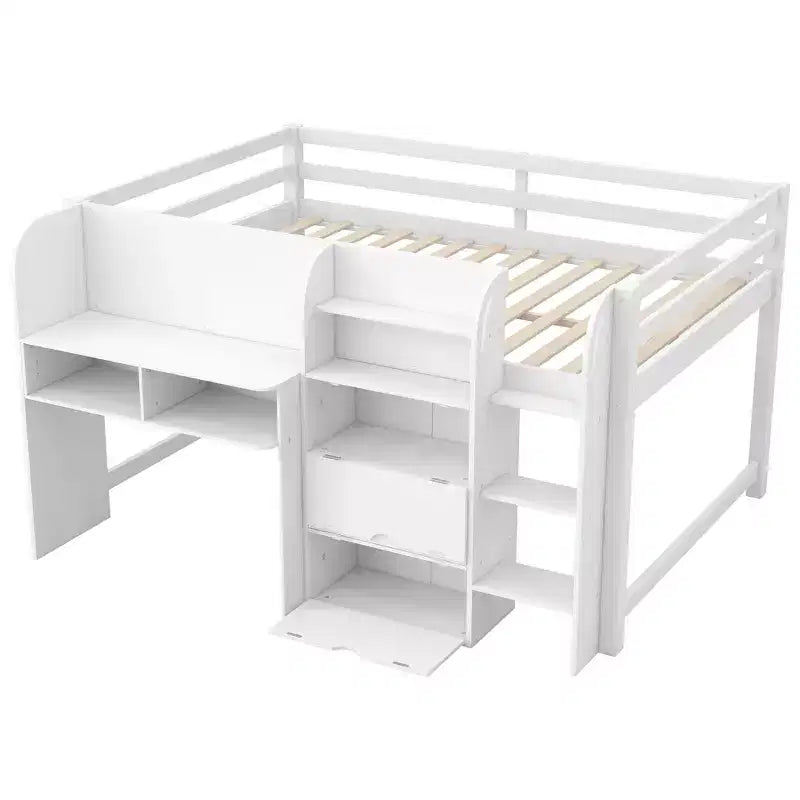 Whisen Full Size Low Loft Bed with Built-in Desk, Storage Cabinets and Open Bookcase