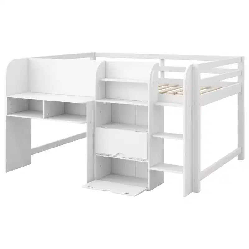 Whisen Full Size Low Loft Bed with Built-in Desk, Storage Cabinets and Open Bookcase