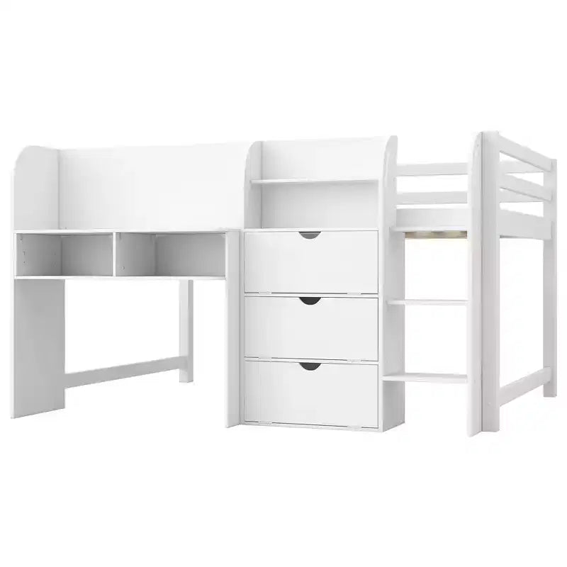 Whisen Full Size Low Loft Bed with Built-in Desk, Storage Cabinets and Open Bookcase