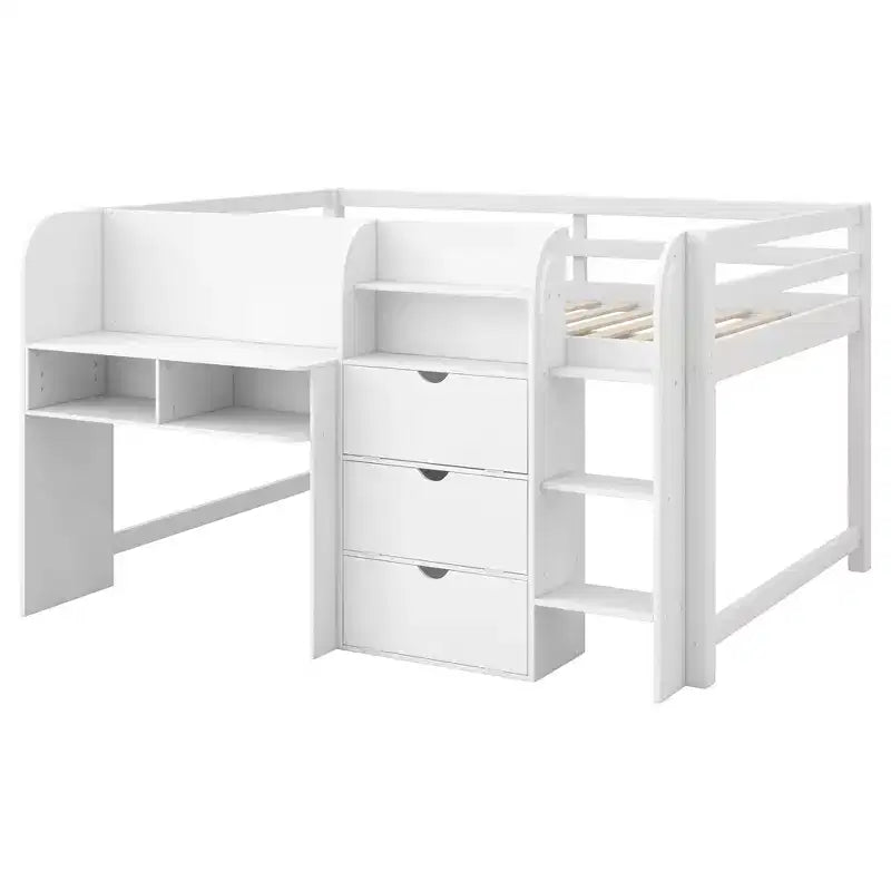 Whisen Full Size Low Loft Bed with Built-in Desk, Storage Cabinets and Open Bookcase