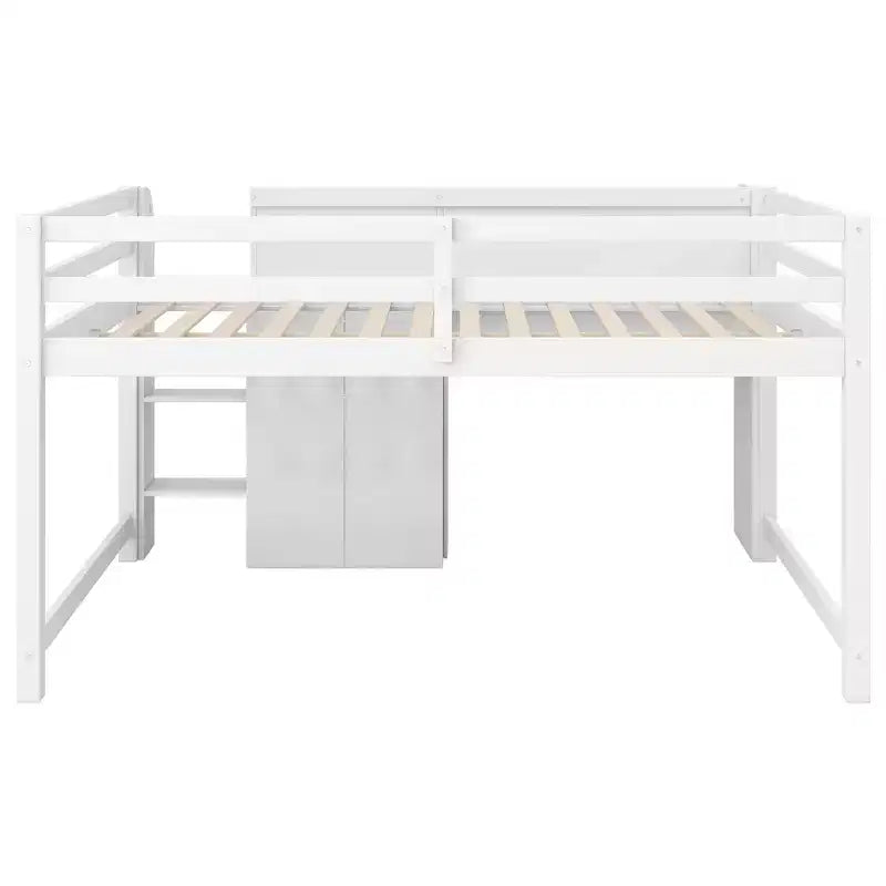 Whisen Full Size Low Loft Bed with Built-in Desk, Storage Cabinets and Open Bookcase