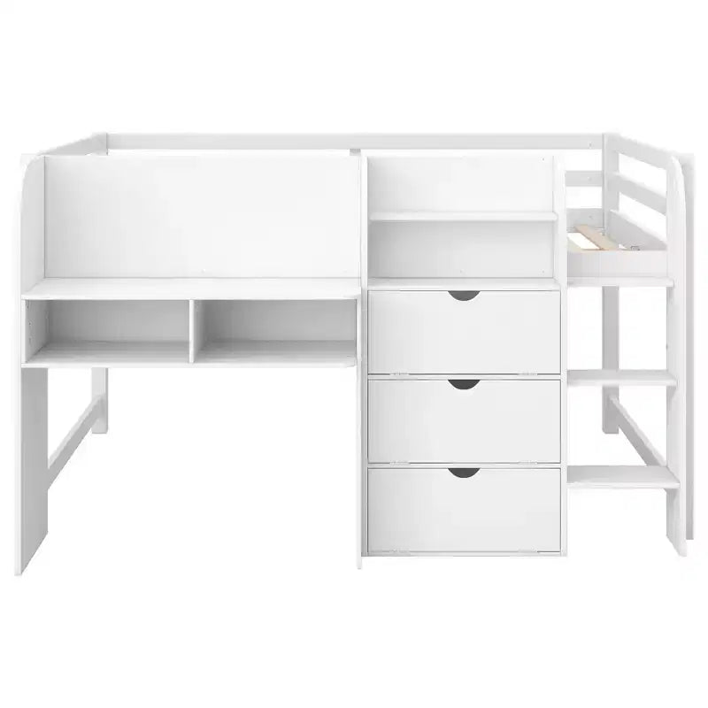 Whisen Full Size Low Loft Bed with Built-in Desk, Storage Cabinets and Open Bookcase