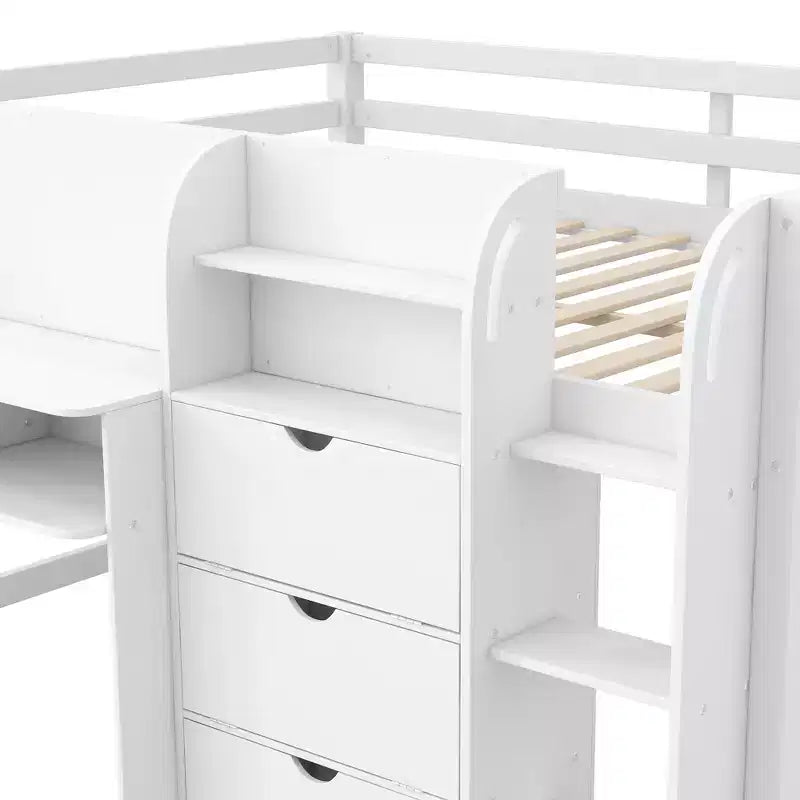 Whisen Full Size Low Loft Bed with Built-in Desk, Storage Cabinets and Open Bookcase