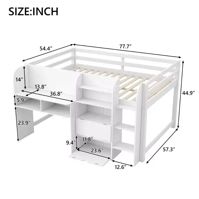 Whisen Full Size Low Loft Bed with Built-in Desk, Storage Cabinets and Open Bookcase