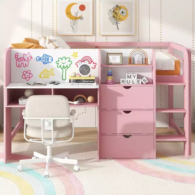 Whisen Full Size Low Loft Bed with Built-in Desk, Storage Cabinets and Open Bookcase