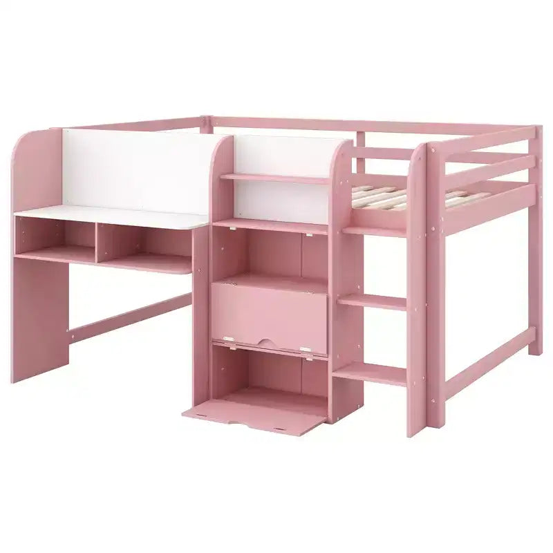 Whisen Full Size Low Loft Bed with Built-in Desk, Storage Cabinets and Open Bookcase