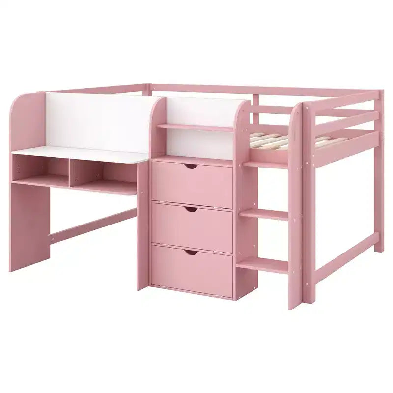 Whisen Full Size Low Loft Bed with Built-in Desk, Storage Cabinets and Open Bookcase