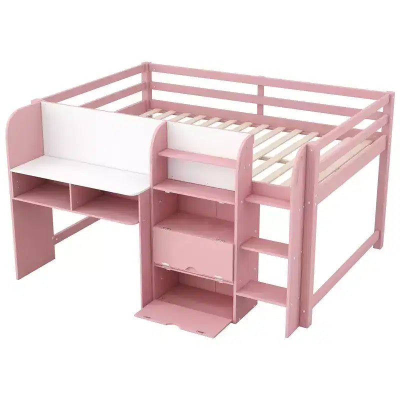 Whisen Full Size Low Loft Bed with Built-in Desk, Storage Cabinets and Open Bookcase