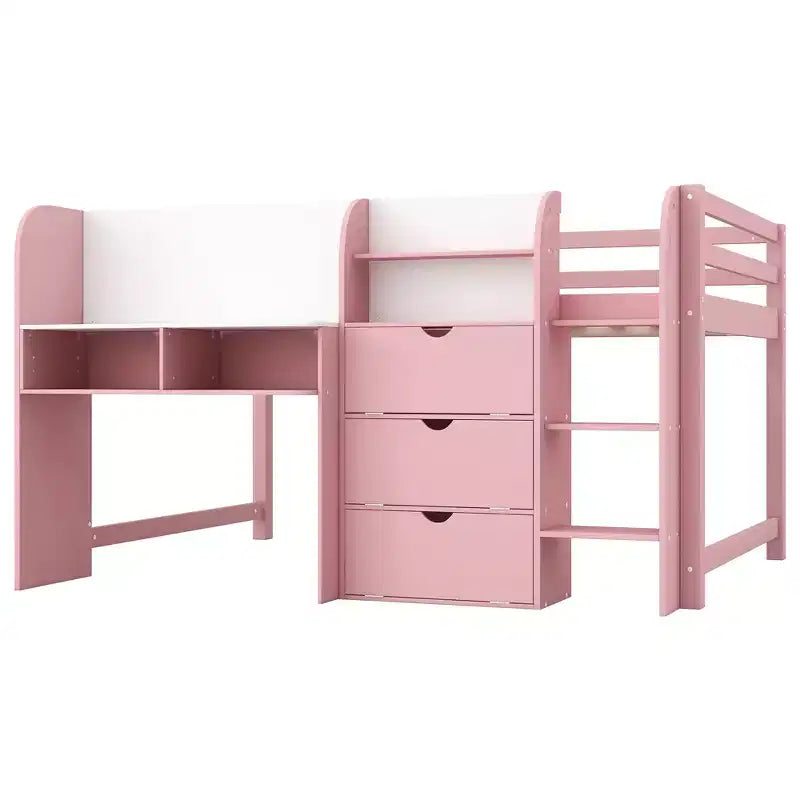 Whisen Full Size Low Loft Bed with Built-in Desk, Storage Cabinets and Open Bookcase
