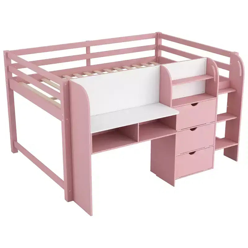 Whisen Full Size Low Loft Bed with Built-in Desk, Storage Cabinets and Open Bookcase