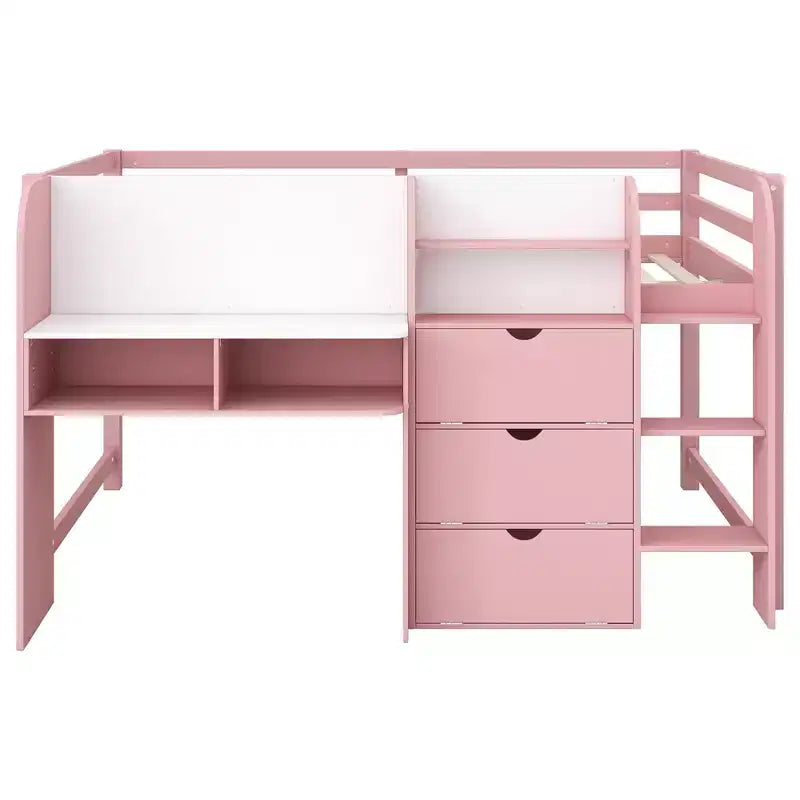 Whisen Full Size Low Loft Bed with Built-in Desk, Storage Cabinets and Open Bookcase