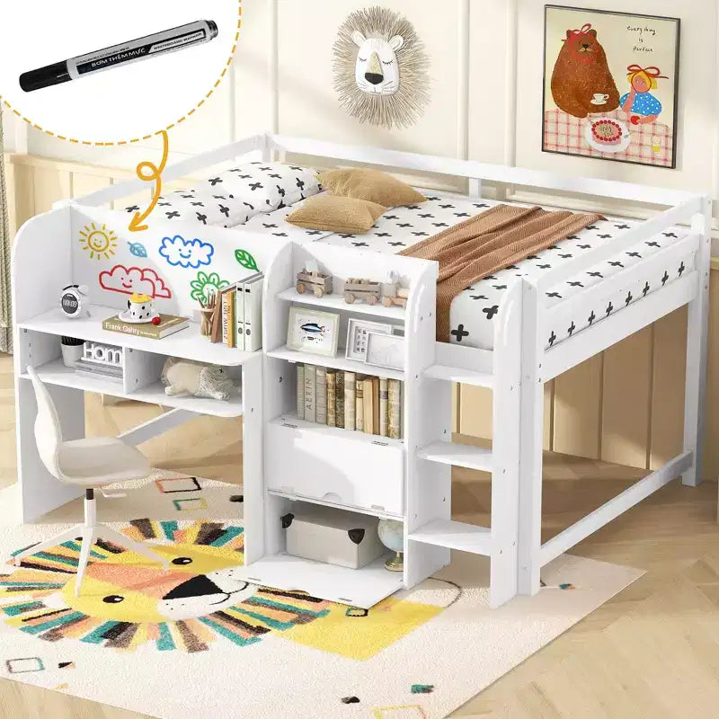 Whisen Full Size Low Loft Bed with Built-in Desk, Storage Cabinets and Open Bookcase