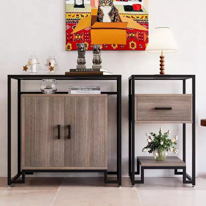 Three-Layer Wood Cabinet with Tempered Glass, Buffet Cabinet with with Black Steel Frame, Brown