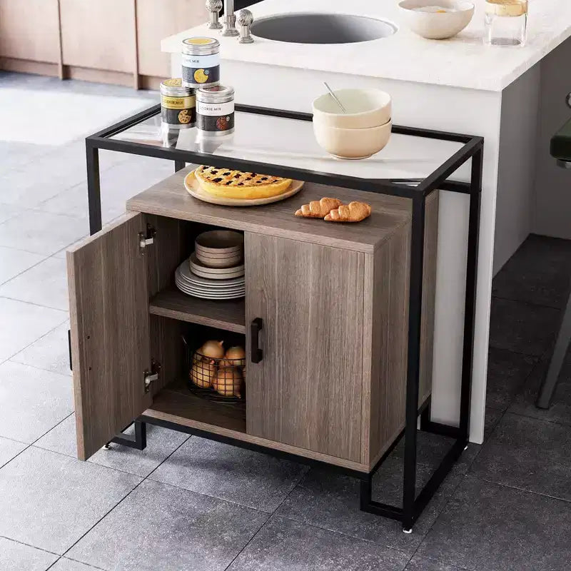 Three-Layer Wood Cabinet with Tempered Glass, Buffet Cabinet with with Black Steel Frame, Brown
