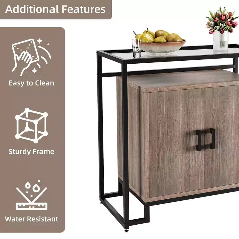 Three-Layer Wood Cabinet with Tempered Glass, Buffet Cabinet with with Black Steel Frame, Brown