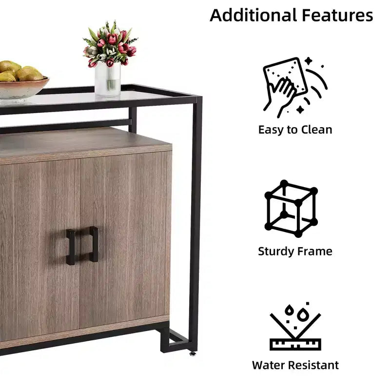 Three-Layer Wood Cabinet with Tempered Glass, Buffet Cabinet with with Black Steel Frame, Brown