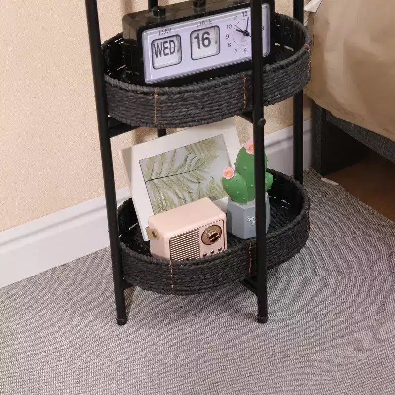 MAYEERTY 3 Tier Paper Rope Woven Tray Table Oval Storage Basket Shelves for Living Room Kitchen Black