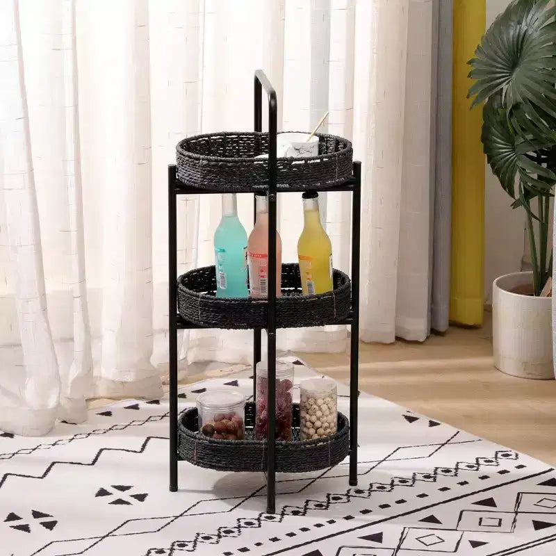 MAYEERTY 3 Tier Paper Rope Woven Tray Table Oval Storage Basket Shelves for Living Room Kitchen Black