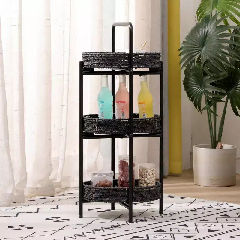 MAYEERTY 3 Tier Paper Rope Woven Tray Table Oval Storage Basket Shelves for Living Room Kitchen Black