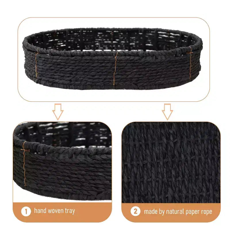 MAYEERTY 3 Tier Paper Rope Woven Tray Table Oval Storage Basket Shelves for Living Room Kitchen Black