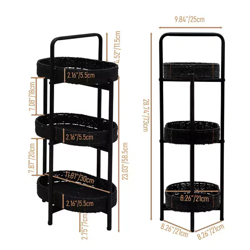 MAYEERTY 3 Tier Paper Rope Woven Tray Table Oval Storage Basket Shelves for Living Room Kitchen Black