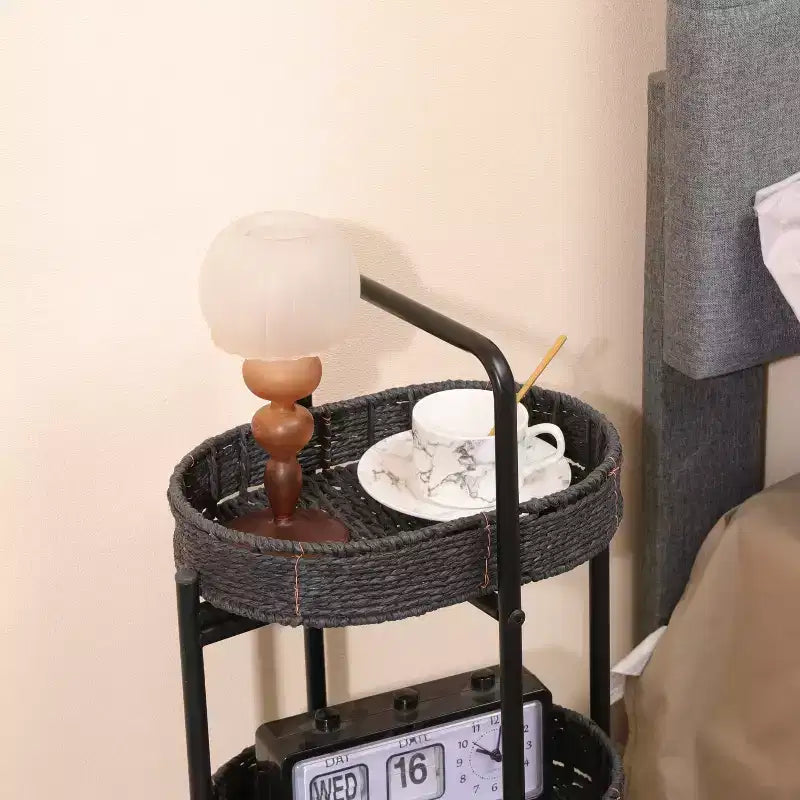 MAYEERTY 3 Tier Paper Rope Woven Tray Table Oval Storage Basket Shelves for Living Room Kitchen Black