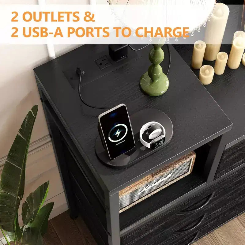 TV Stand with Charging Station - Modern 8-Drawer Dresser with Wood Top, USB Ports & Power Outlets, Storage Cabinet
