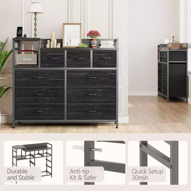 TV Stand with Charging Station - Modern 8-Drawer Dresser with Wood Top, USB Ports & Power Outlets, Storage Cabinet