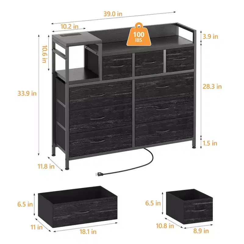 TV Stand with Charging Station - Modern 8-Drawer Dresser with Wood Top, USB Ports & Power Outlets, Storage Cabinet