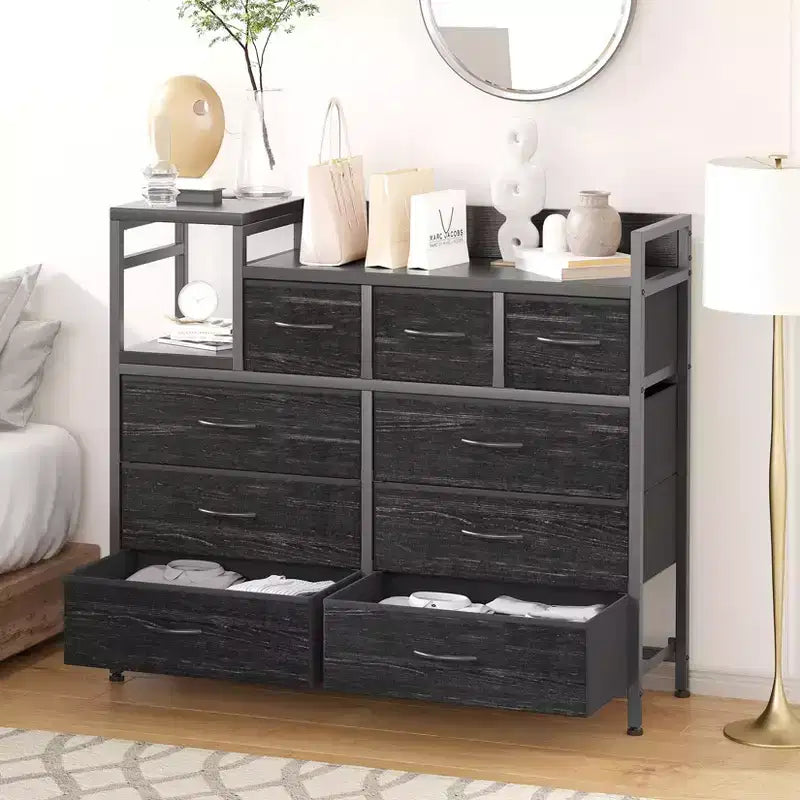 TV Stand with Charging Station - Modern 8-Drawer Dresser with Wood Top, USB Ports & Power Outlets, Storage Cabinet