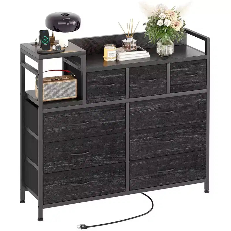 TV Stand with Charging Station - Modern 8-Drawer Dresser with Wood Top, USB Ports & Power Outlets, Storage Cabinet