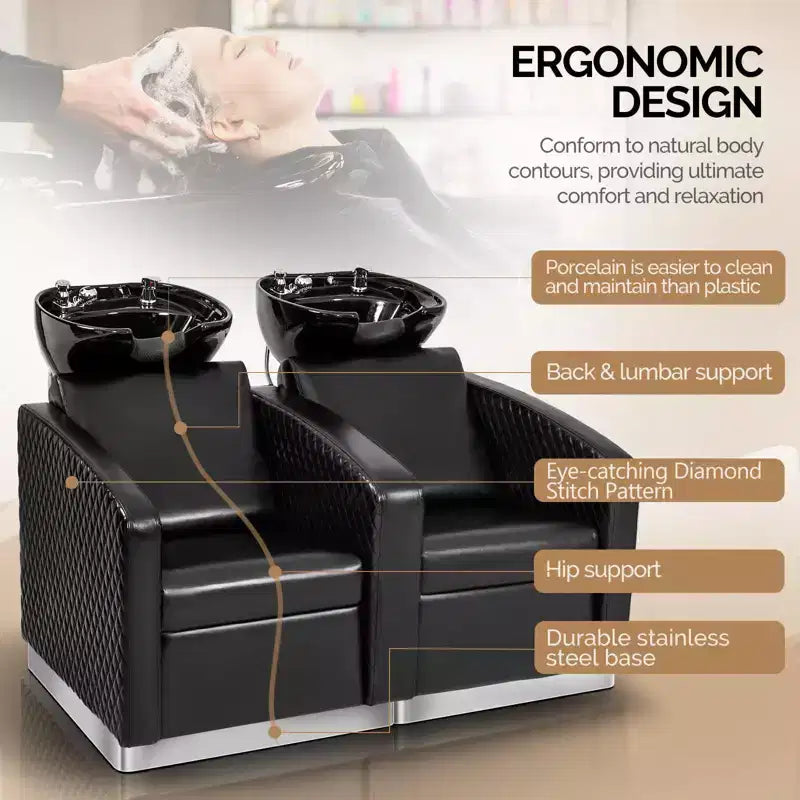 Karl Home 2-Seater Shampoo Bowl and Chair Backwash Unit with 2 Large Ceramic Sinks