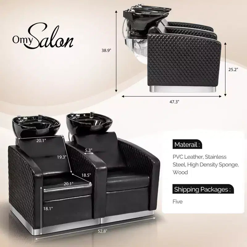 Karl Home 2-Seater Shampoo Bowl and Chair Backwash Unit with 2 Large Ceramic Sinks