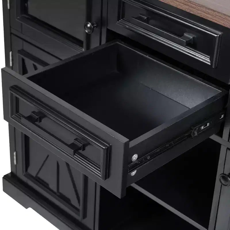 Whisen 54.9 Kitchen Island, Drop Leaf, Power Outlet, Cross Barn Doors & 4 Wheels