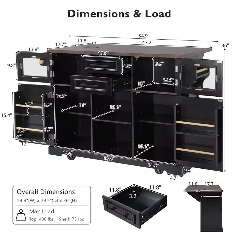 Whisen 54.9 Kitchen Island, Drop Leaf, Power Outlet, Cross Barn Doors & 4 Wheels