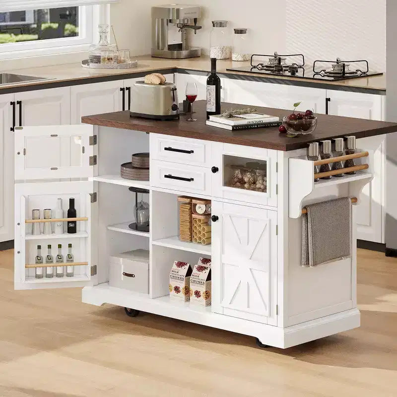 Whisen 54.9 Kitchen Island, Drop Leaf, Power Outlet, Cross Barn Doors & 4 Wheels