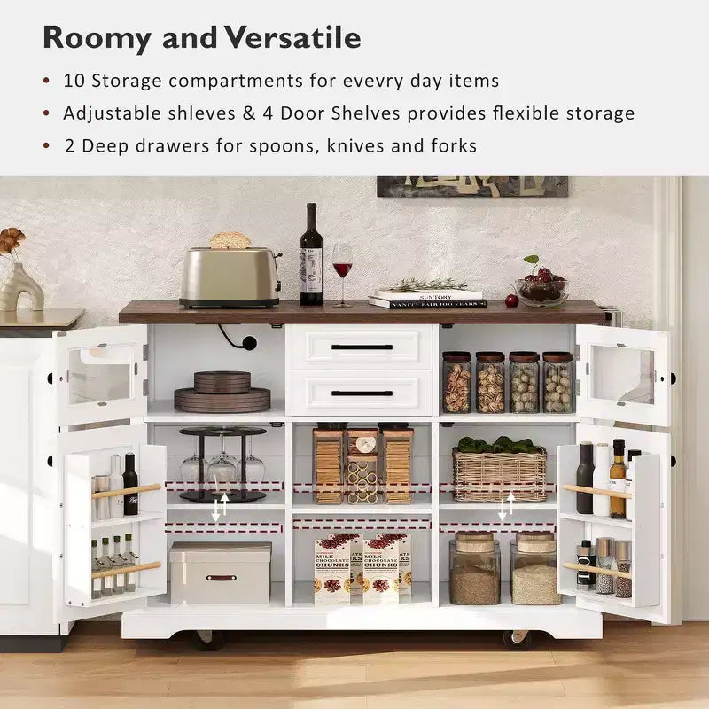 Whisen 54.9 Kitchen Island, Drop Leaf, Power Outlet, Cross Barn Doors & 4 Wheels