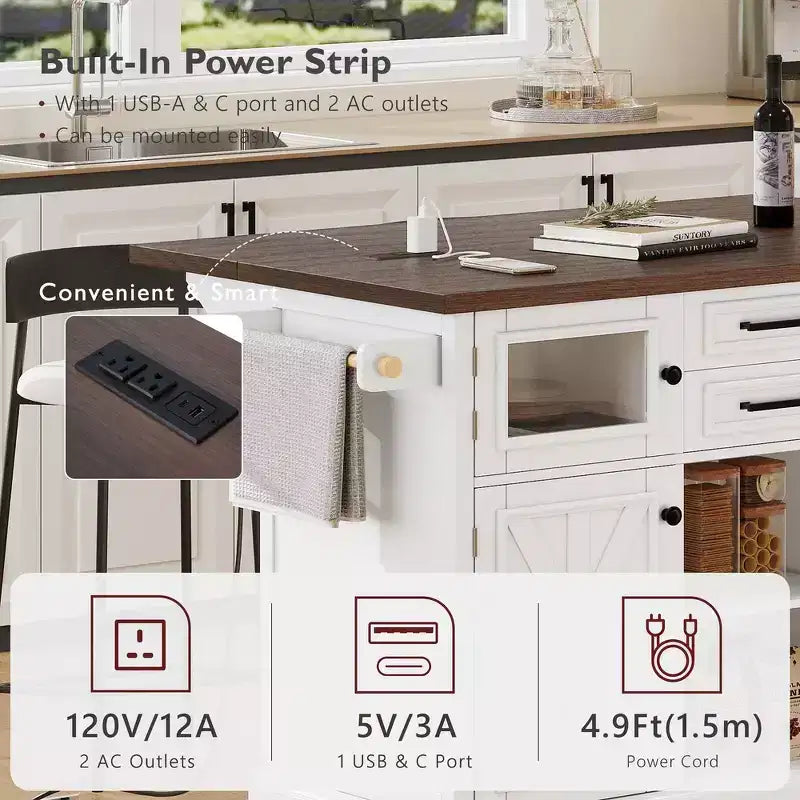 Whisen 54.9 Kitchen Island, Drop Leaf, Power Outlet, Cross Barn Doors & 4 Wheels
