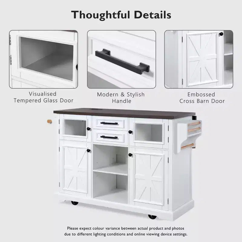 Whisen 54.9 Kitchen Island, Drop Leaf, Power Outlet, Cross Barn Doors & 4 Wheels