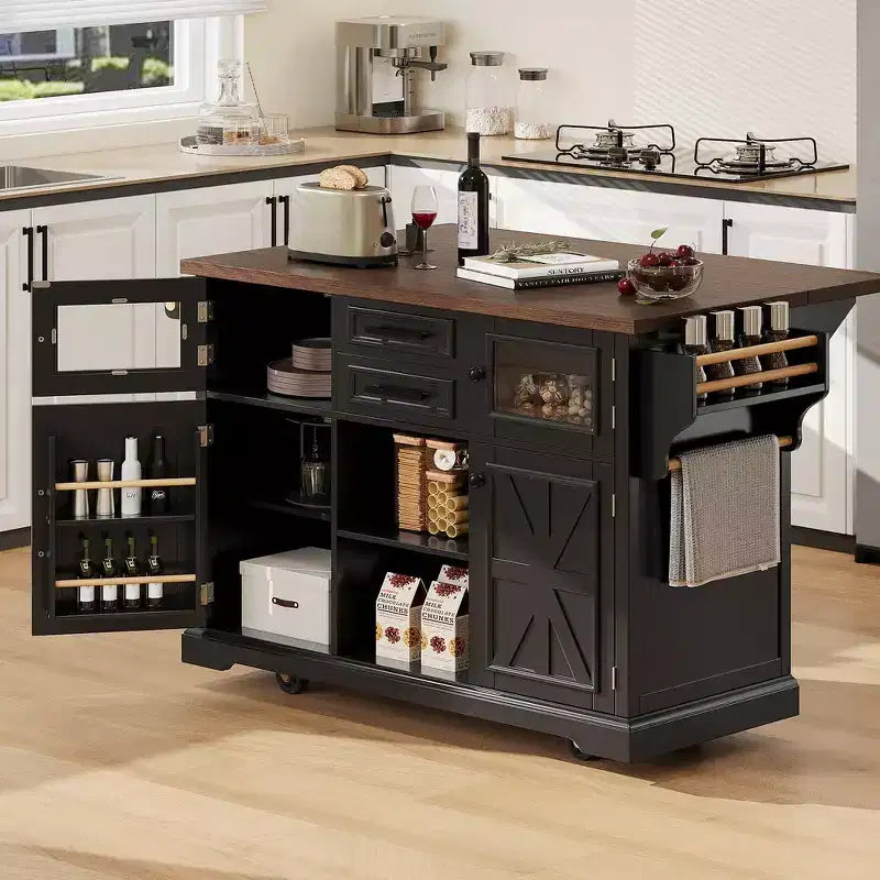Whisen 54.9 Kitchen Island, Drop Leaf, Power Outlet, Cross Barn Doors & 4 Wheels