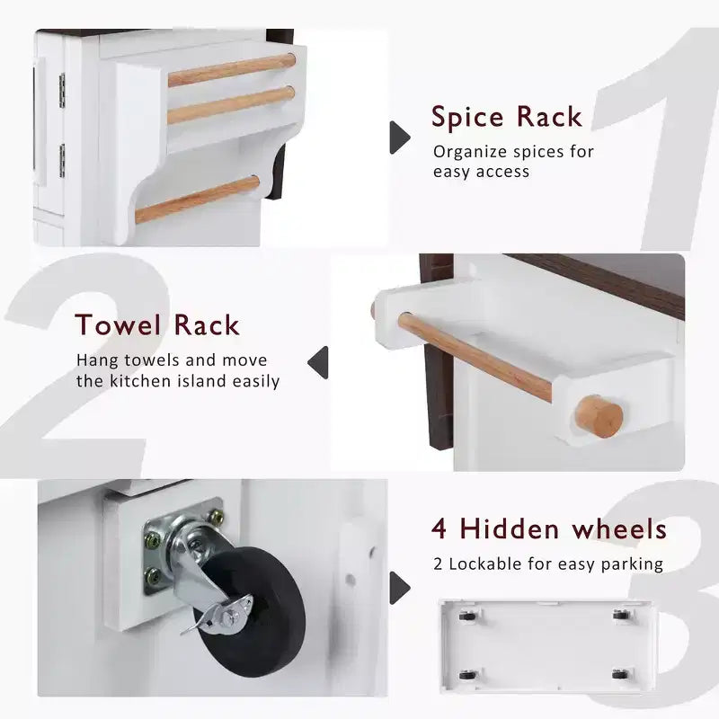 Whisen 54.9 Kitchen Island, Drop Leaf, Power Outlet, Cross Barn Doors & 4 Wheels