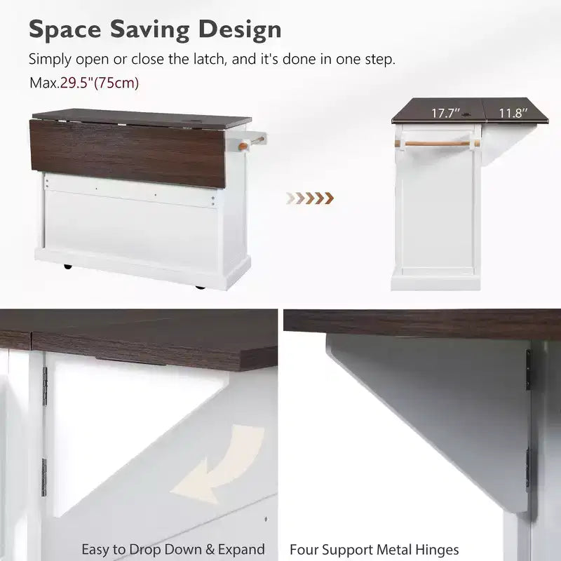 Whisen 54.9 Kitchen Island, Drop Leaf, Power Outlet, Cross Barn Doors & 4 Wheels