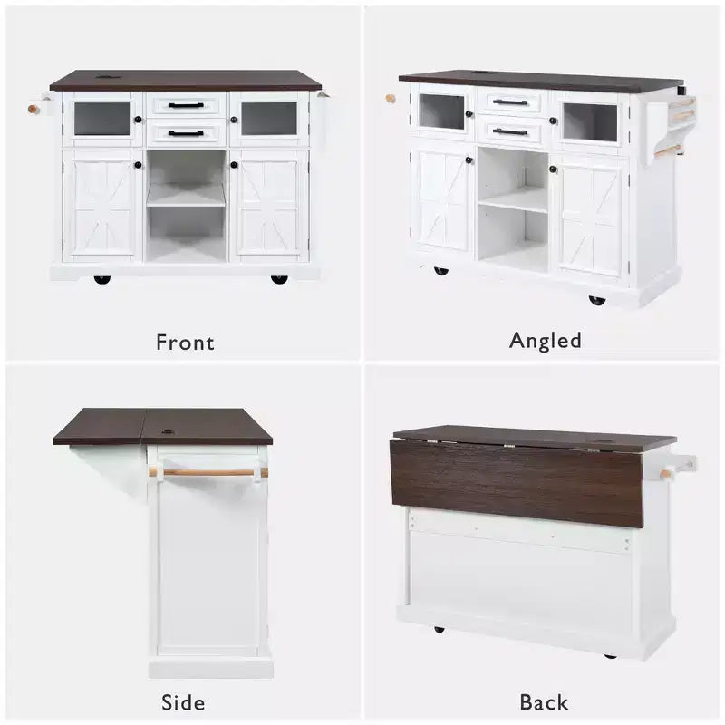 Whisen 54.9 Kitchen Island, Drop Leaf, Power Outlet, Cross Barn Doors & 4 Wheels