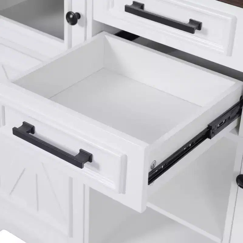 Whisen 54.9 Kitchen Island, Drop Leaf, Power Outlet, Cross Barn Doors & 4 Wheels