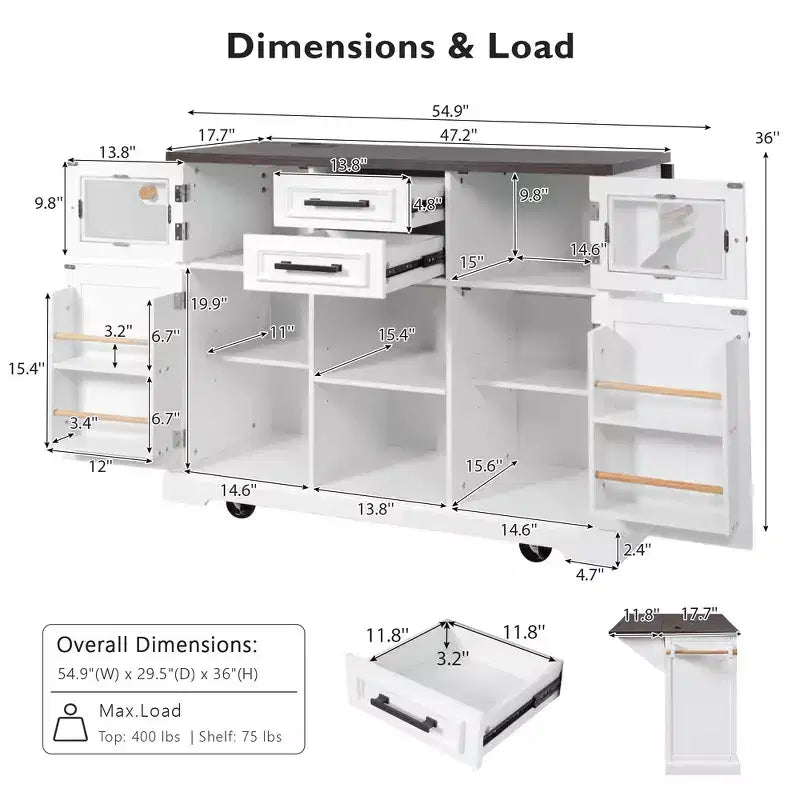 Whisen 54.9 Kitchen Island, Drop Leaf, Power Outlet, Cross Barn Doors & 4 Wheels